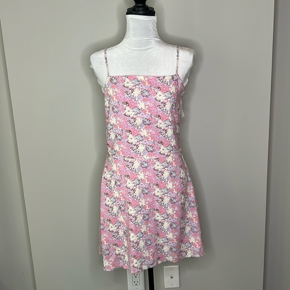Abound Square Neck Printed Mini Dress in Pink Fade to Flower Haze Size Medium